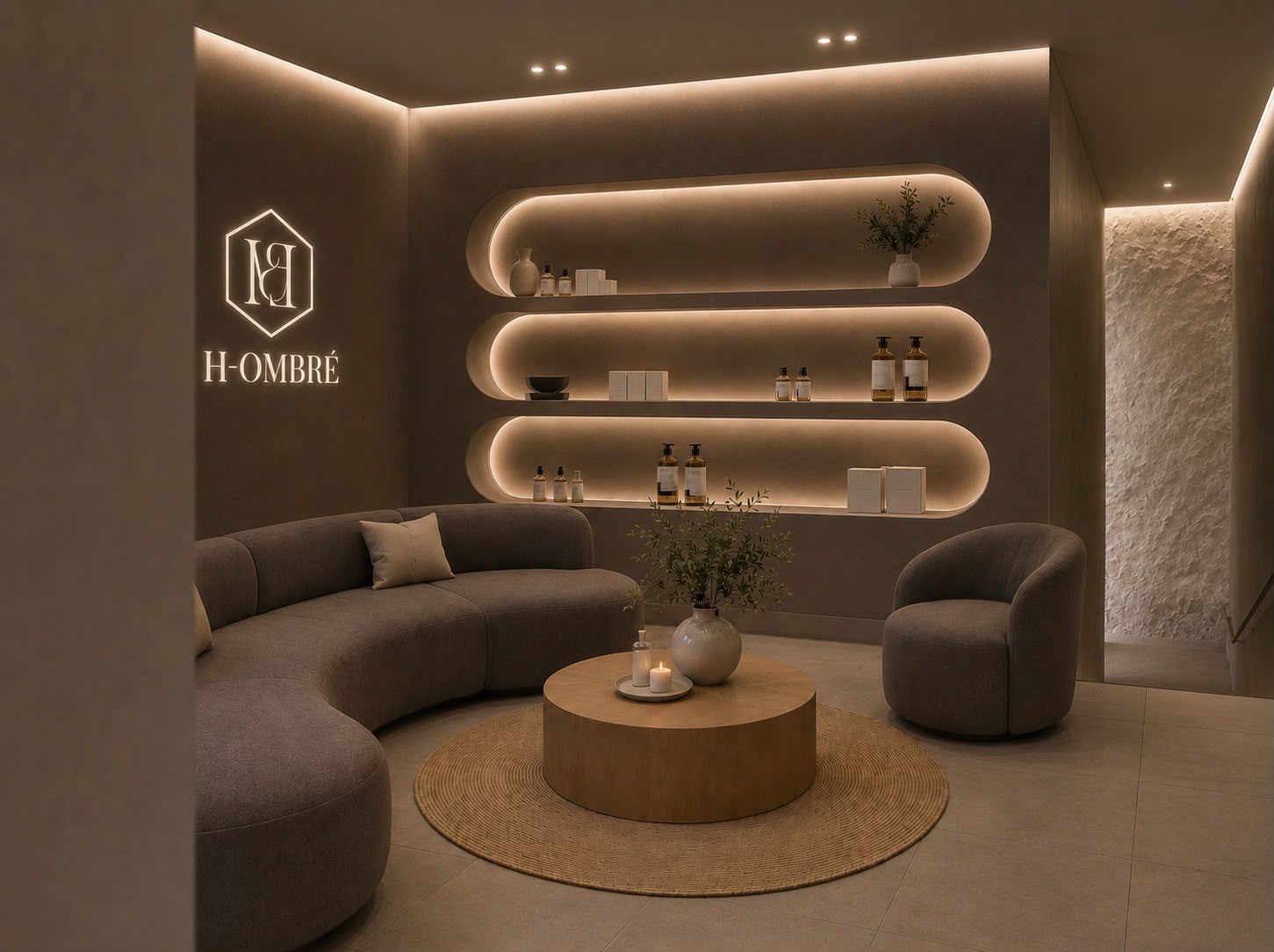 Reception lounge with the illuminated H-OMBRÉ monogram